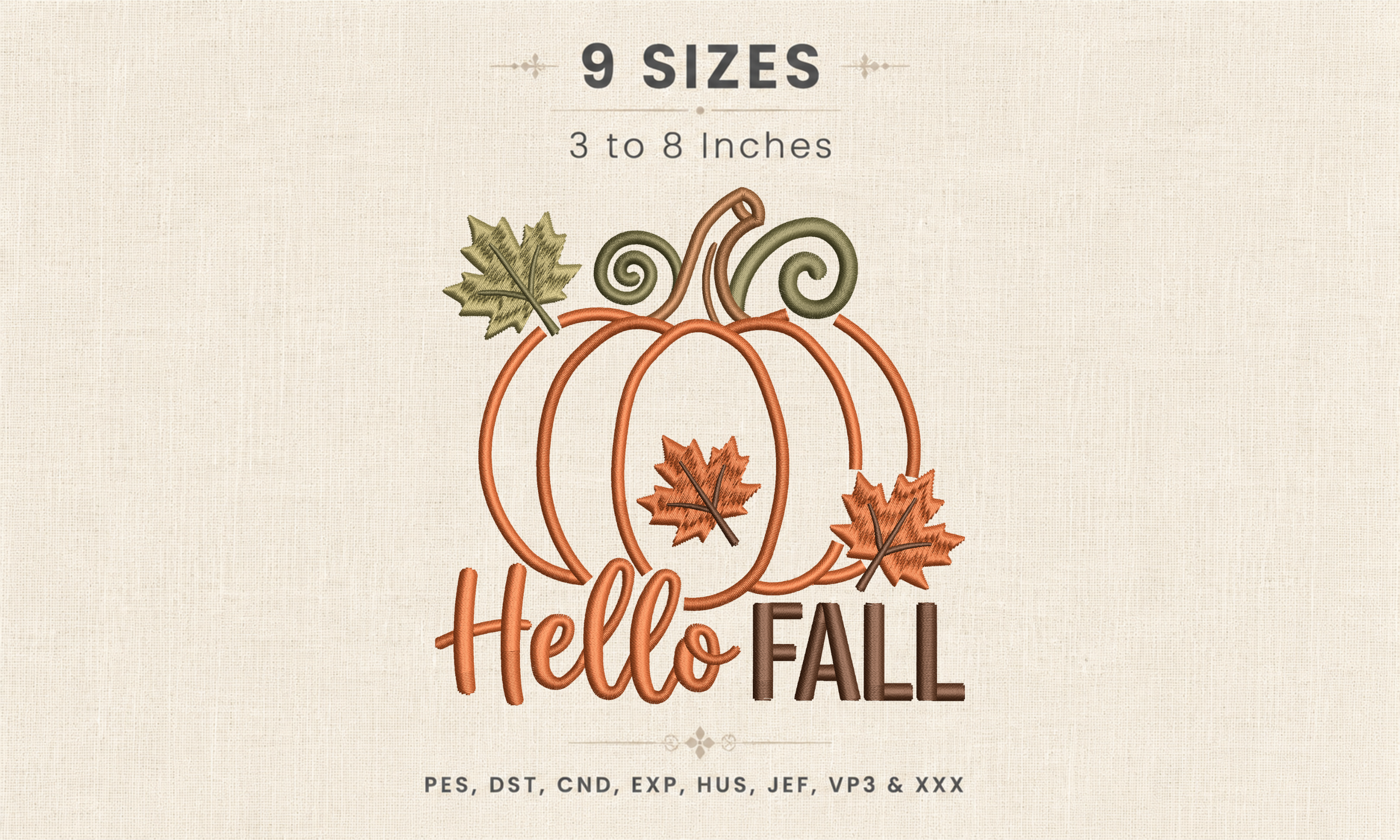 Hello Fall Pumpkin Maple Leaf Embroidery