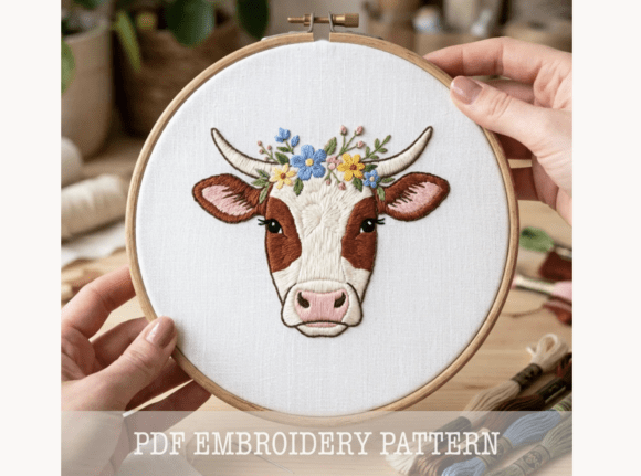 Highland Cow Floral Embroidery
