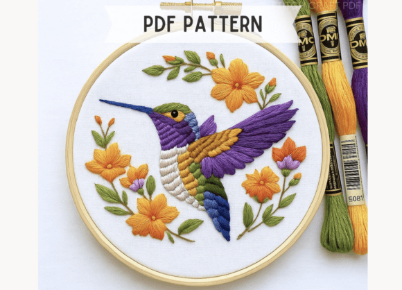 Hummingbird and Flowers Embroidery