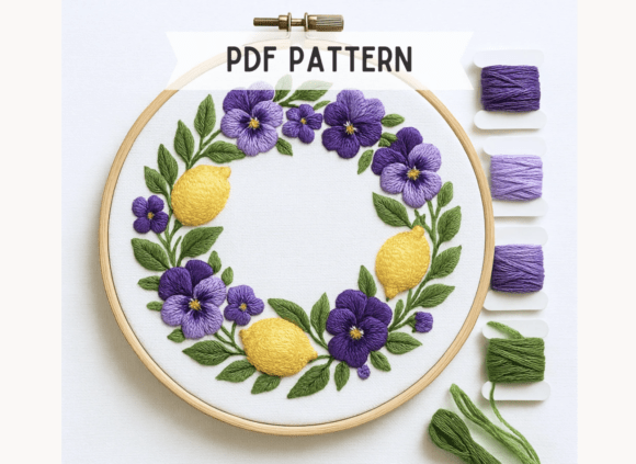 Lemon Pansy Wreath Embroidery