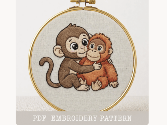 Monkey Friends Hug Embroidery