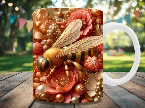 Peach 3d Floral Honeybee Mug Wrap Graphics