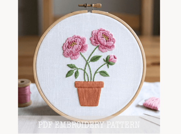 Peony Flower Pot Embroidery Pattern