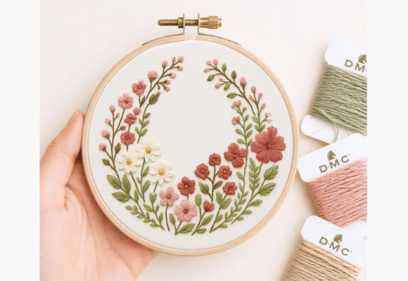 Pink Floral Wreath Hand Embroidery