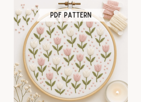 Pink Tulip Field Hand Embroidery