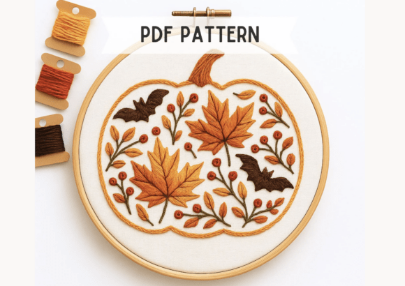 Pumpkin Leaves and Bats Embroidery