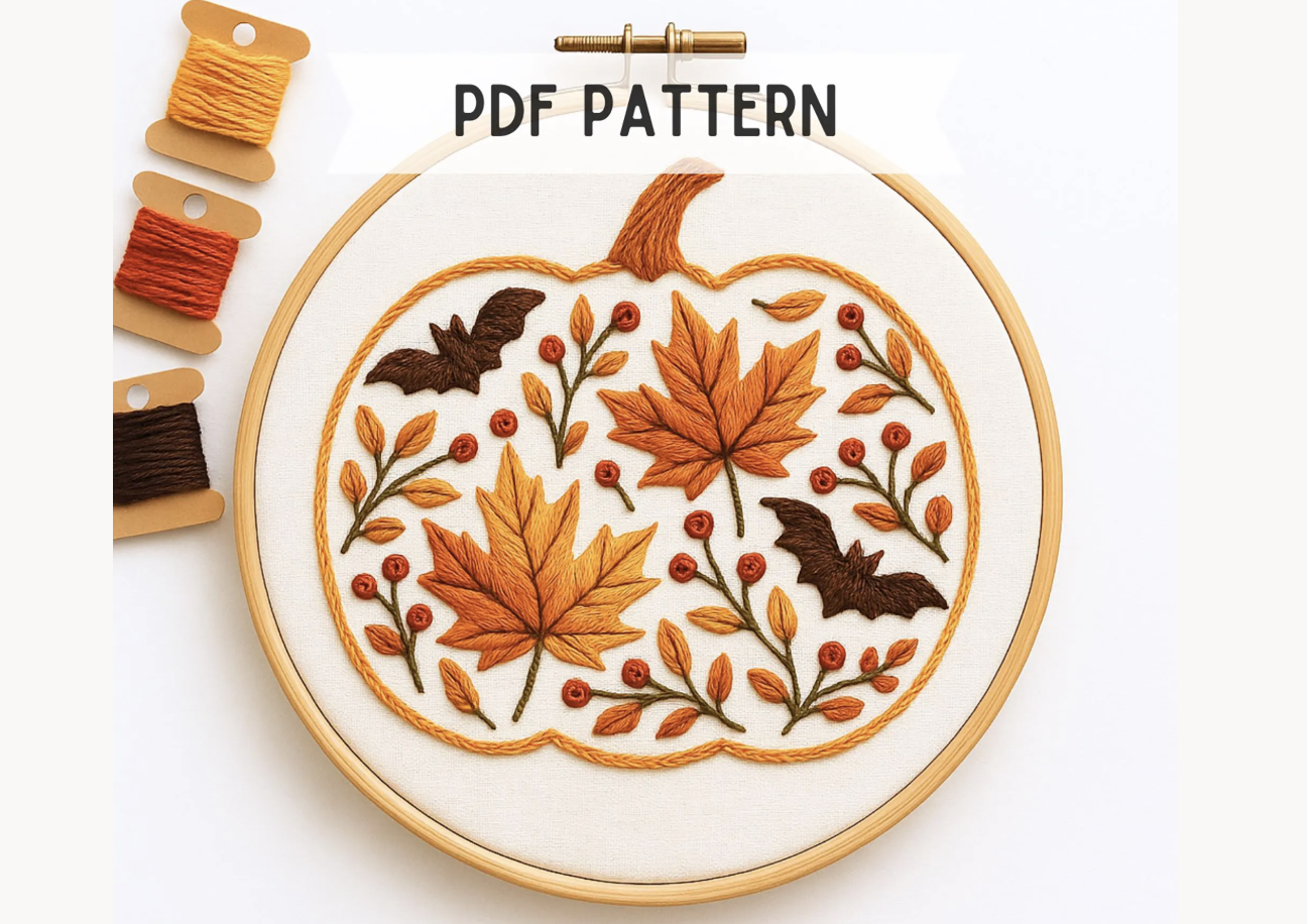 Pumpkin Leaves and Bats Embroidery