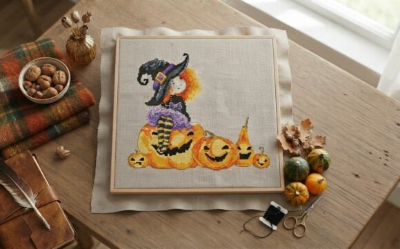 Pumpkin Witch Cross Stitch Pattern