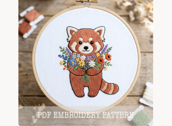 Red Panda Bouquet Embroidery