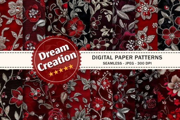 Red Silver Rhinestone Flowers Embroidery