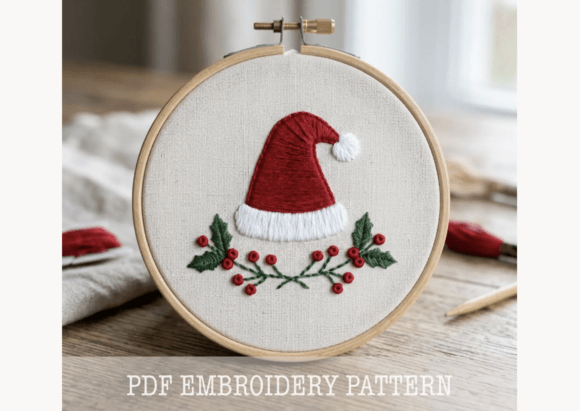 Santa Hat Holly Embroidery Pattern