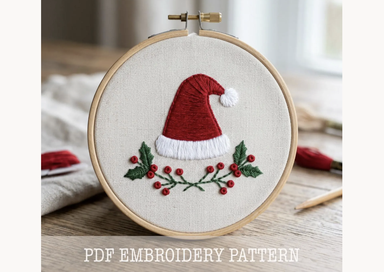 Santa Hat Holly Embroidery Pattern