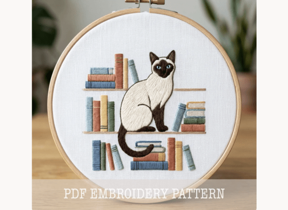 Siamese Cat Bookshelf Embroidery Pattern