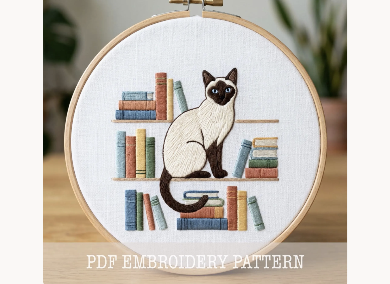 Siamese Cat Bookshelf Embroidery Pattern