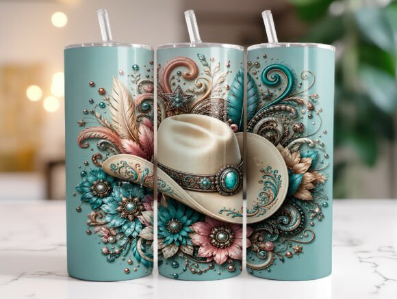 Teal Cowboy Hat Floral 20oz Tumbler Wrap