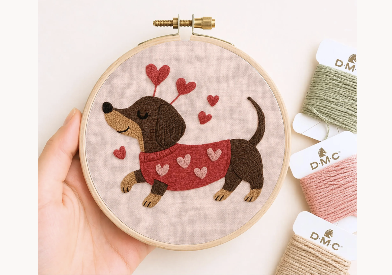 Valentine Dachshund Hand Embroidery