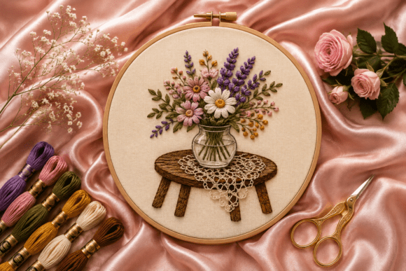Vase of Flowers on Table-Embroidery
