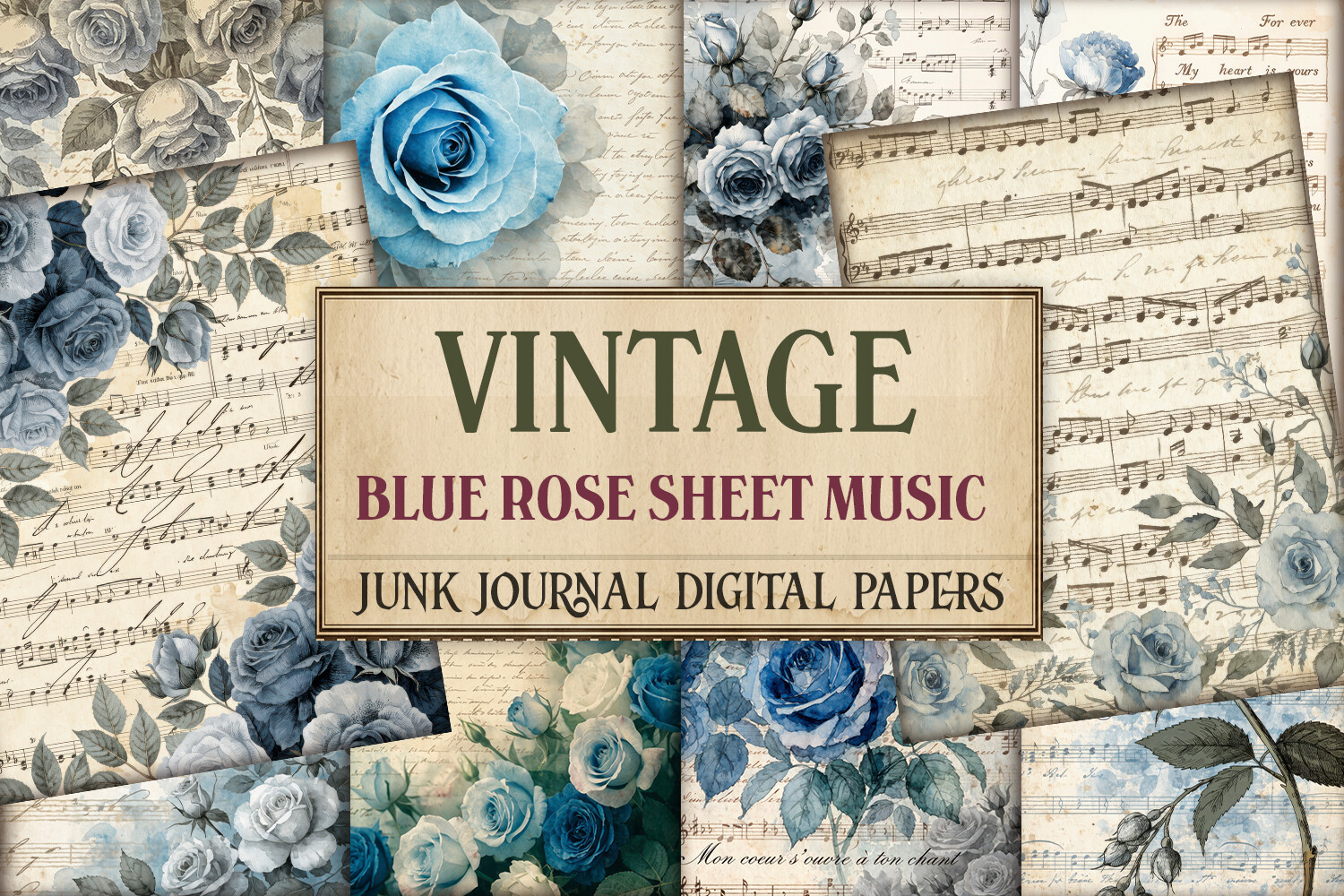 Vintage Blue Rose Sheet Music Junk Journ