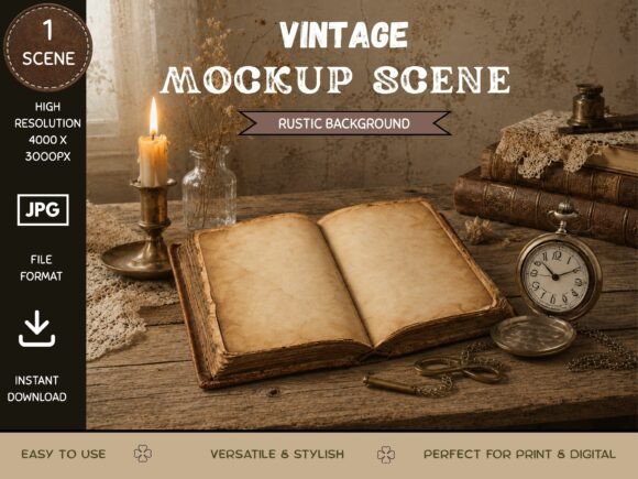 Vintage Open Book Mockup–Antique Journal
