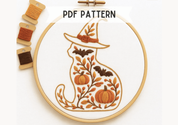 Witch Cat Silhouette Embroidery