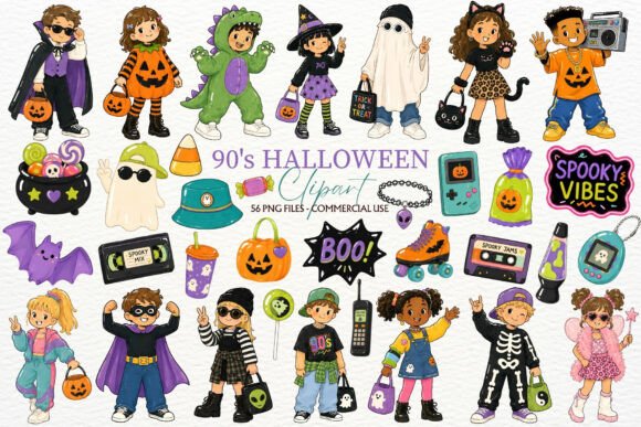 90's Kids Halloween Party Clipart PNG