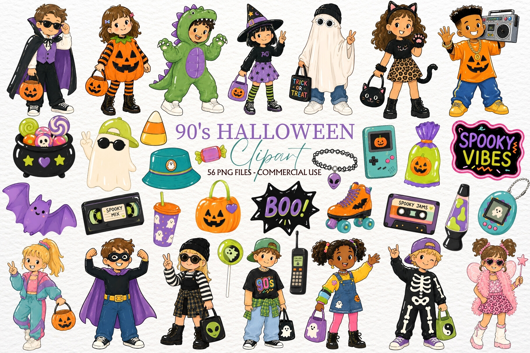 90's Kids Halloween Party Clipart PNG