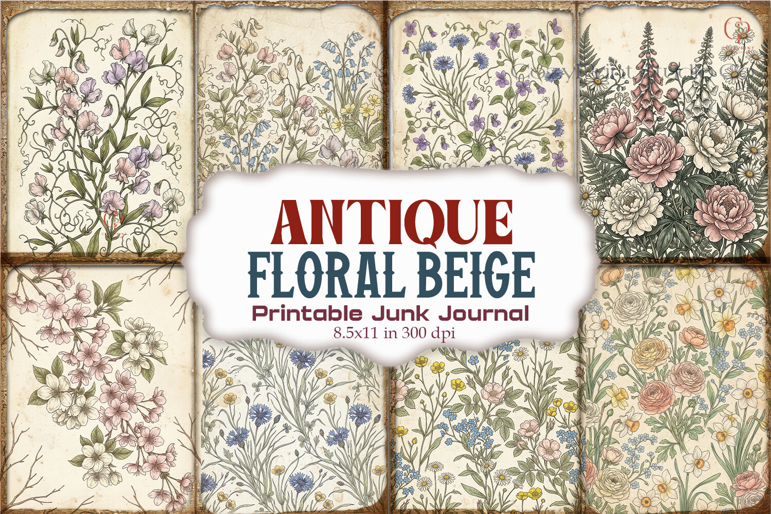 Antique Floral Beige Junk Journal Pages