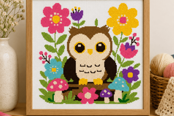 Baby Owl Floral Cross Stitch Pattern