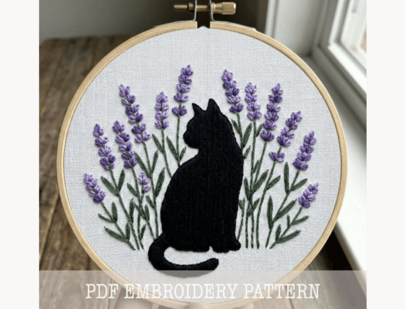 Black Cat Lavender Embroidery