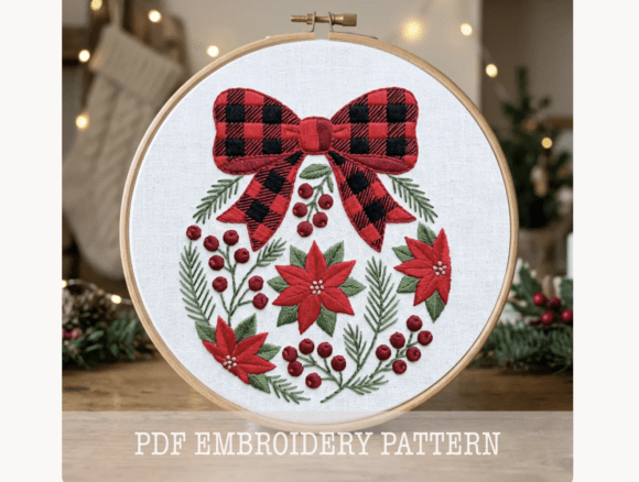Buffalo Plaid Bow Wreath Embroidery