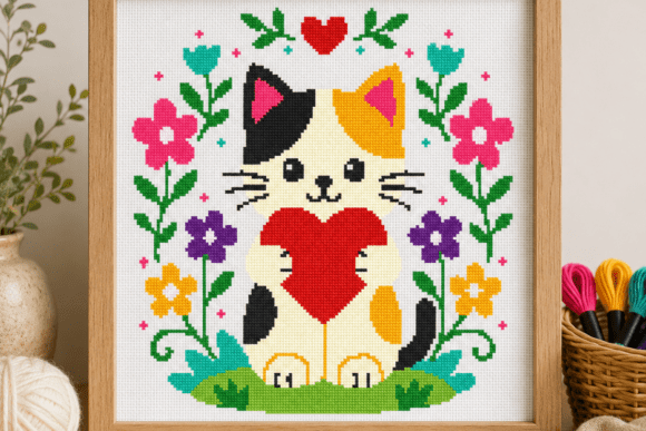 Cat with Heart Cross Stitch