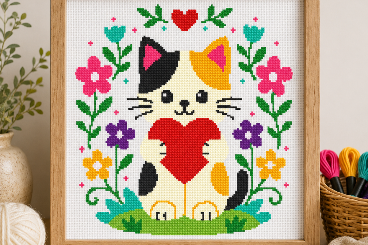 Cat with Heart Cross Stitch