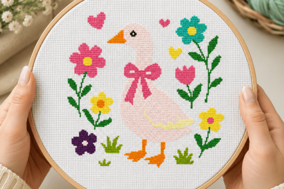 Cheerful Goose Floral Cross Stitch