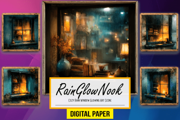 Cozy Rain Window Glowing Artwork Scene