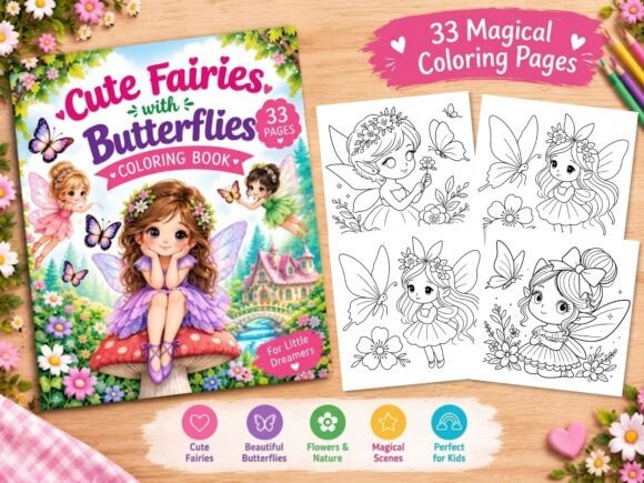 Cute Fairies & Butterflies Coloring Book
