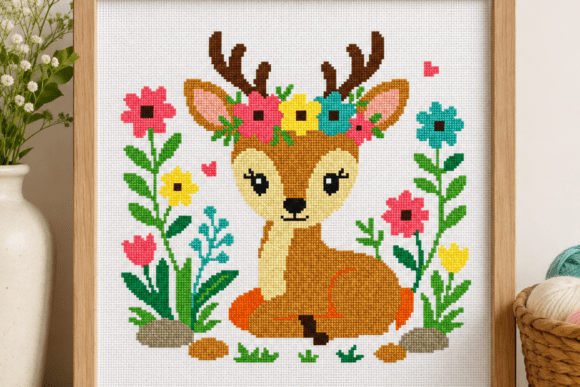 Deer Floral Crown Cross Stitch