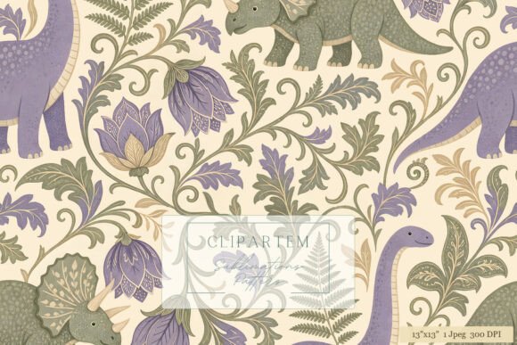 Dinosaur Damask Purple Botanical Pattern