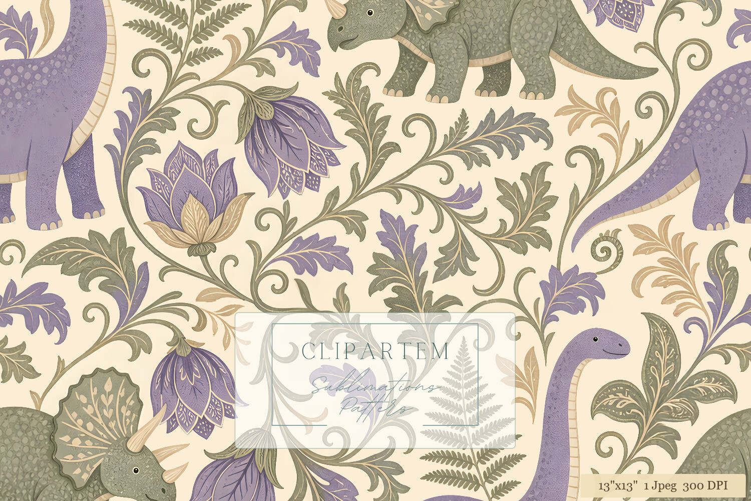 Dinosaur Damask Purple Botanical Pattern