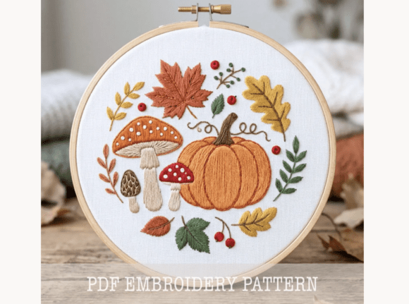Fall Pumpkin Mushroom Embroidery