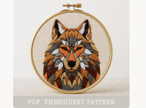 Geometric Wolf Head Embroidery