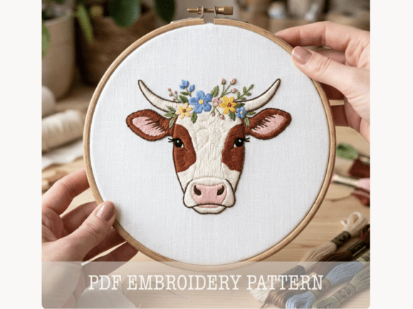 Highland Cow Floral Embroidery