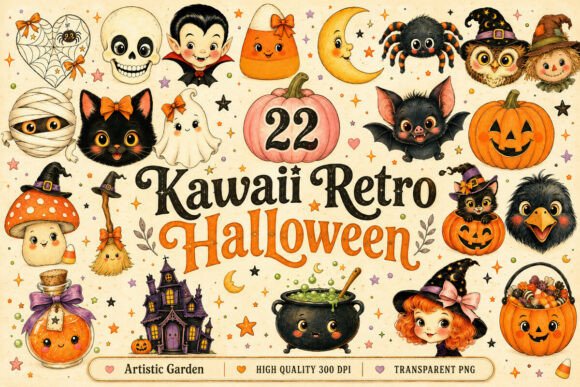 Kawaii Retro Halloween Clipart Bundle