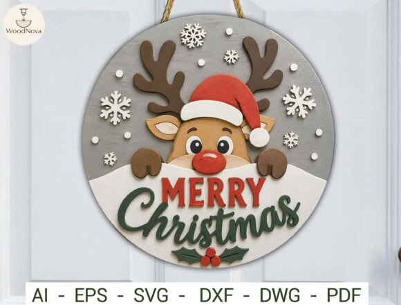 Merry Christmas Reindeer Door Hanger SVG laser cut file