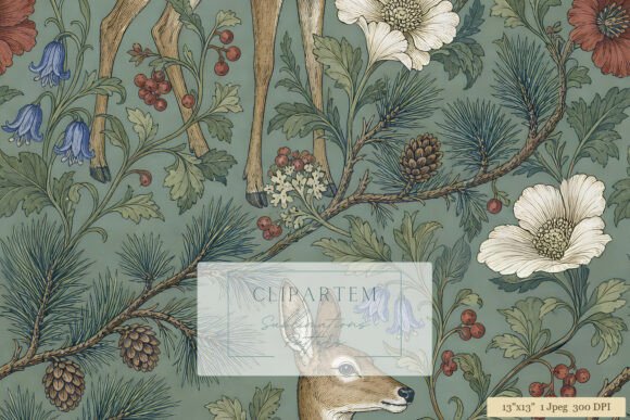 Morris Style Deer Botanical Pattern
