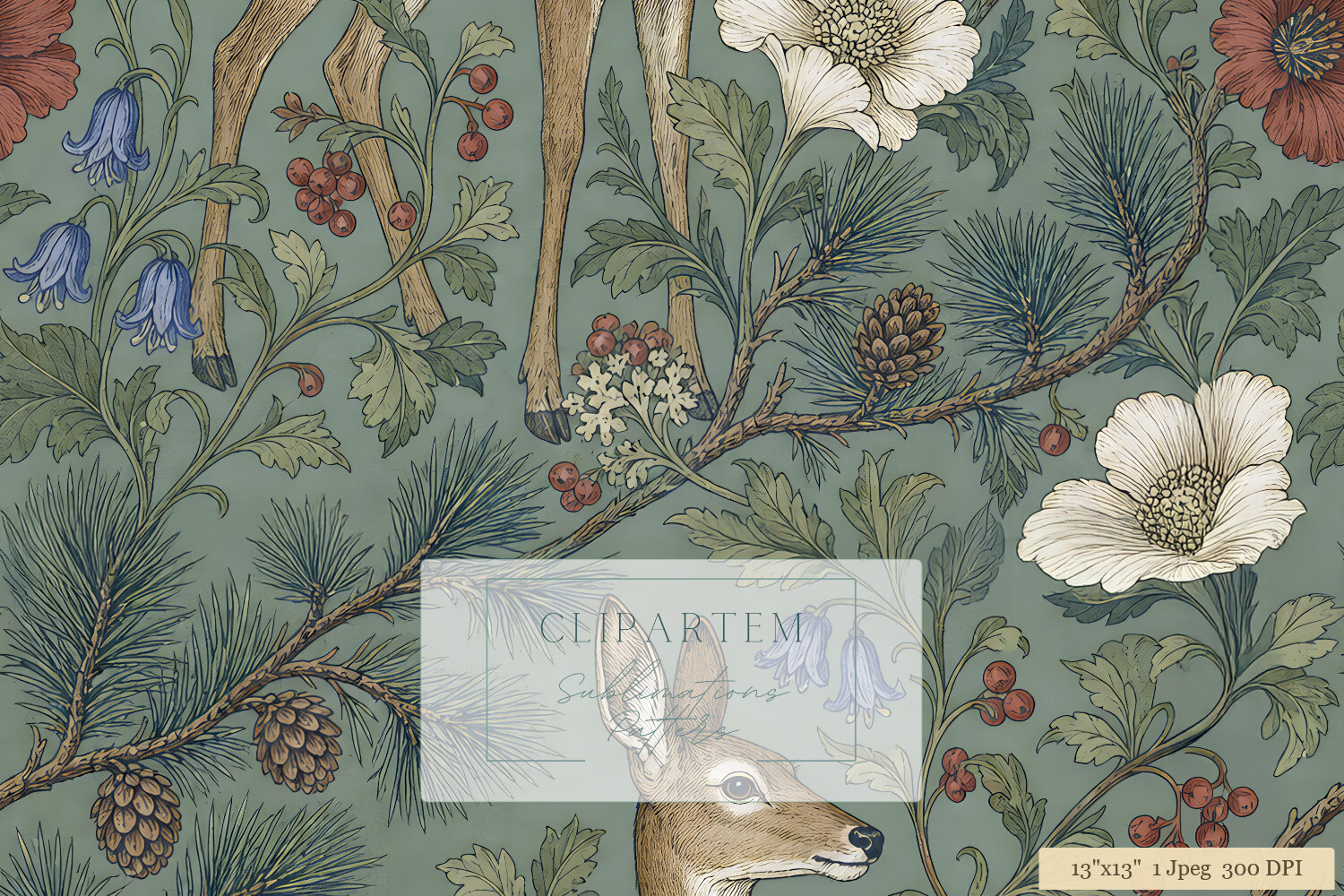 Morris Style Deer Botanical Pattern