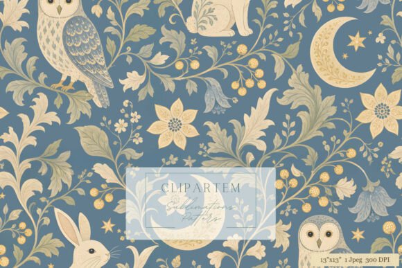 Mystical Owl Moon Floral Repeat Pattern