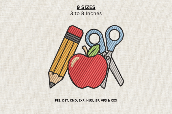 Pencil Apple Scissors Machine Embroidery