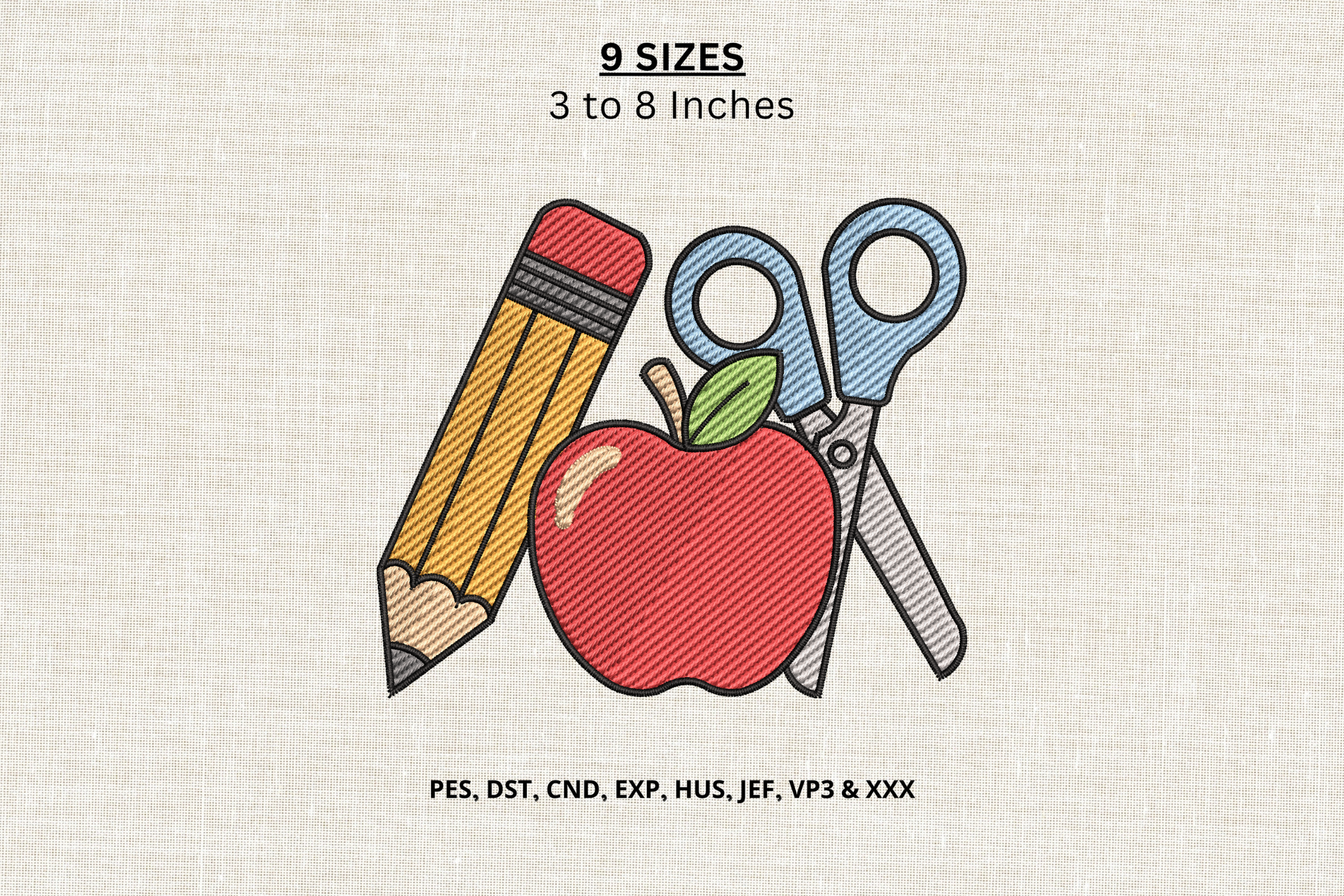 Pencil Apple Scissors Machine Embroidery