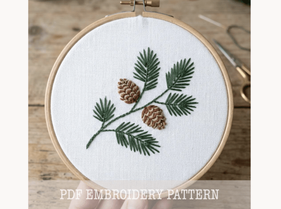 Pine Branch Pinecone Embroidery