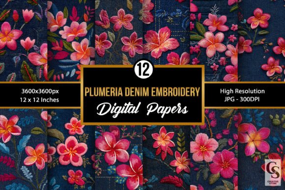 Pink Plumeria Denim Embroidery Pattern
